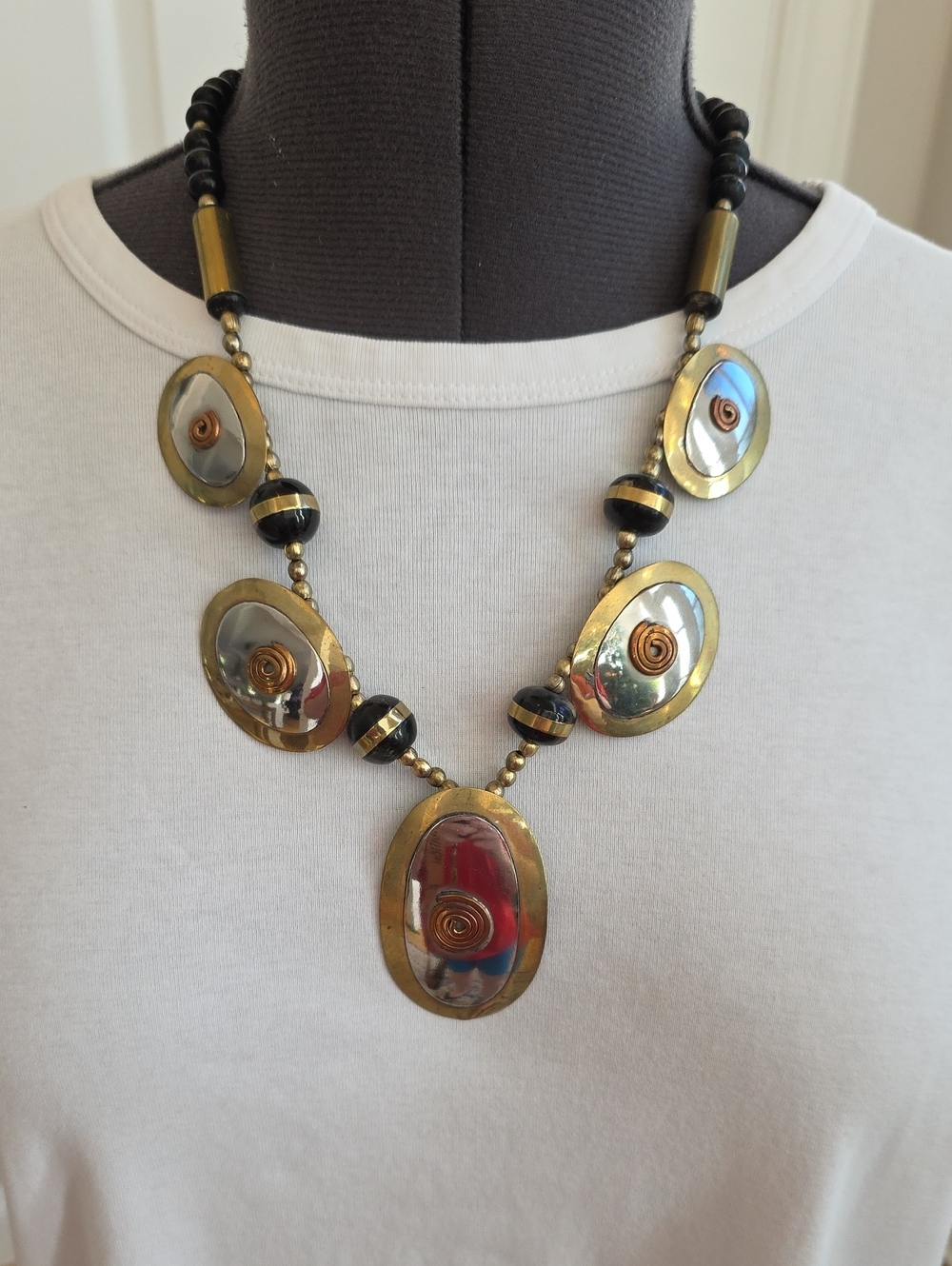 Gold, Silver, Black Oval Medallion Statement Bohemian Necklace